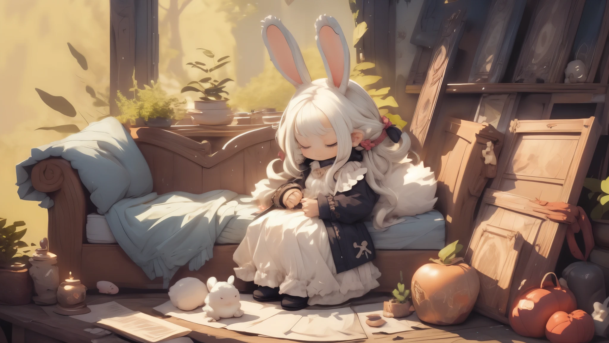 
solo,1girl\((chibi:1.6),cute, kawaii, small kid,(white hair:1.7),(very long hair:1.7),bangs,(ear\(fluffy white bunny-ear\):1.3),(1 bunny tail:1.3), beautiful shiny eye, skin color white, big hairbow,(white frilled dress:1.3),breast, lying on the sofa-bed, sleeping, eyes closed, mouth open, dynamic pose\), BREAK ,background\(inside tidy classic room\), quality\(8k,wallpaper of extremely detailed CG unit, ​masterpiece, high resolution, top-quality, top-quality real texture skin, hyper realistic, increase the resolution, RAW photos, best quality, highly detailed, the wallpaper, golden ratio\),dynamic angle