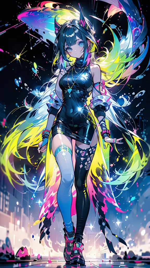 Girl standing in the clouds staring up as the stars, stars floating around her, brilliant colors, amazing swirls of cosmic dust, colorful vibrant, light particles, Create digital artwork in the Pop Art style, Featuring a vibrant and confident young Asian girl,street fashion (breast), Movie color scheme, Surrounded by vintage flower motifs, Vibrant brushstrokes,Emotions should be dynamic, Upper body, Drawing, illustration, escala cinza, tropical, Many flowers,