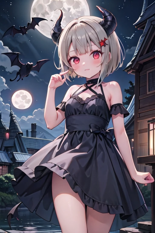 Tanned hair，Bobcut，short hair，ワンレングスBobcut，Asymmetrical Hairstyles，Long left hair，Red Eye，nakasu kasumi，Devil Cosplay，night，Valhalla Castle，Outdoor，full moon，Black dress，Bat