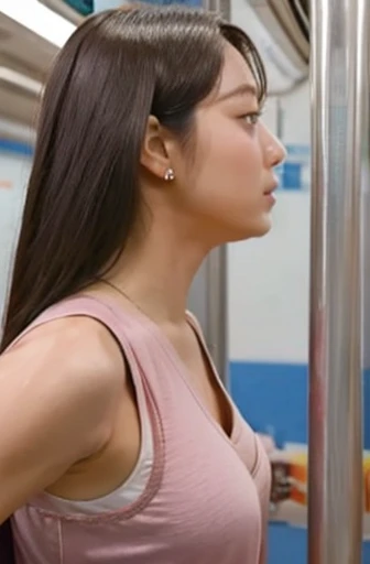 Woman in sleeveless、On the train、（（body odor、Very small breasts:2.5、Very sweaty whole body、Greasy hair:2））、body odor、（Armpits、Show your armpits:1.5）