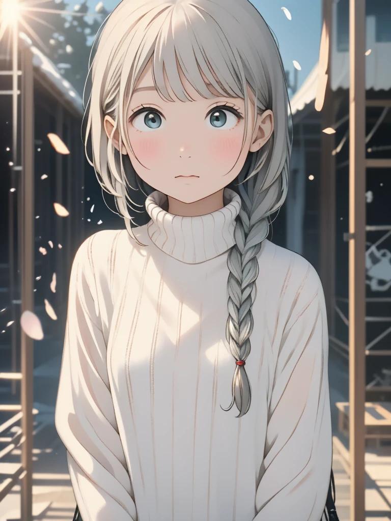 one woman,  talents, cozy turtleneck sweater, Upper body angle, Very cute, Perfect good looks, Braid, ash gray hair, glare of the sun, Depth of object being written, blurred background, particles of light, Strange wind, Highest image quality, highest quality, ultra high resolution, master piece,