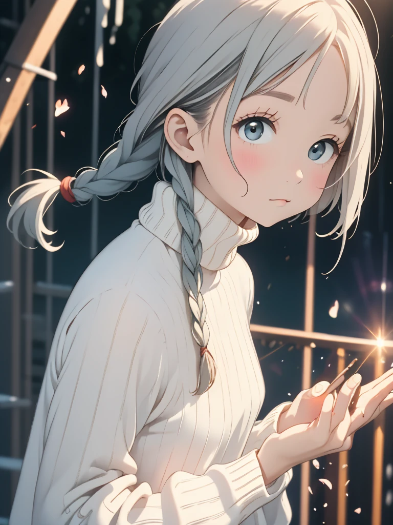 one woman,  talents, cozy turtleneck sweater, Upper body angle, Very cute, Perfect good looks, Braid, ash gray hair, glare of the sun, Depth of object being written, blurred background, particles of light, Strange wind, Highest image quality, highest quality, ultra high resolution, master piece,