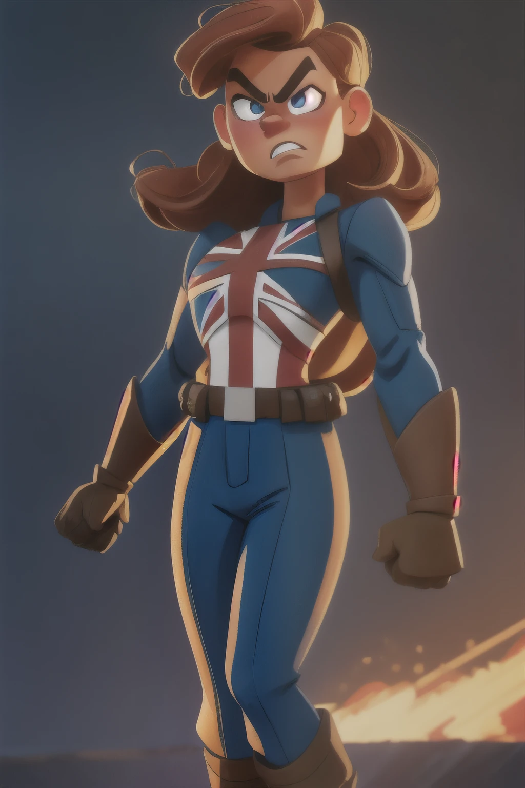 Captain Carter in her iconic Union Jack suit, standing heroically on a battlefield, red and blue shield on arm, glowing with energy. Hyper realistic super detailed capitain Carter, Very detailed, (hyper realistic: 1.4), (in dynamic fight pose, angry face)). (((war jet background))). natural light, 35mm photograph, film, professional, 4k, highly detailed, Golden hour lighting. Depth of field F2. Rule of Thirds Composition.
