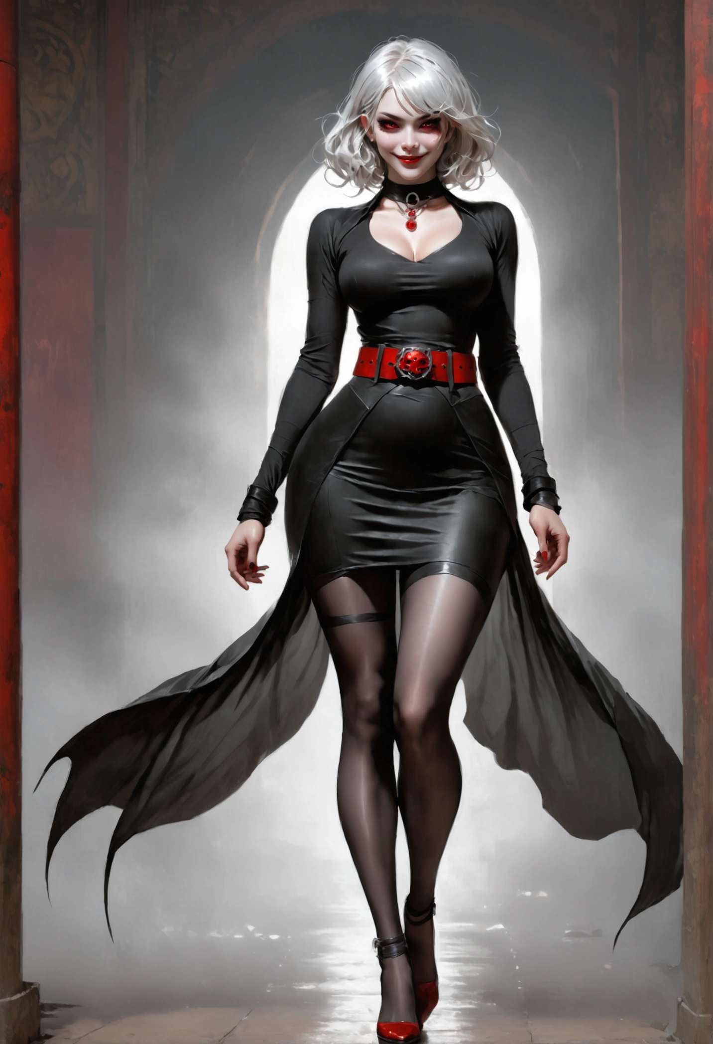 (ghost demoness), mask, cinematic, melancholic with white silver hair) A full-length woman stands straight, symmetrically, legs together, in tight tights, a huge belt at the waist (big beautiful eyes, (big-:1.5) thin legs, Thin body, necklace with leather collar, bottom view, wide hips), grinning smile face red blush red cheeks, (Hands (Clenching) on hips)