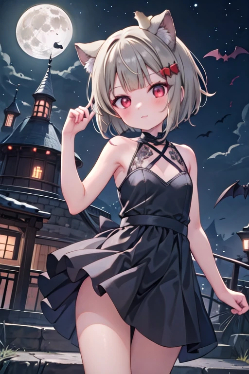 Tanned hair，Bobcut，short hair，ワンレングスBobcut，Asymmetrical Hairstyles，Long left hair，Red Eye，nakasu kasumi，Devil Cosplay，night，Valhalla Castle，Outdoor，full moon，Black dress，Bat