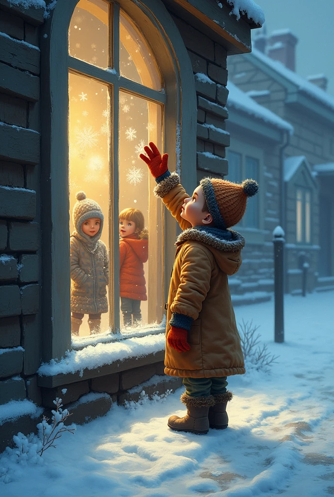 A boy who is  , he is wearing a little dressing-gown, and  his fingers become red and stiff due to terrible frost. He is standing on his toes on the street to peek at  the someone's window-pane. I want a picture from the side angle which shows both the cold season and the street and the inside window, there are some children playing with eachother