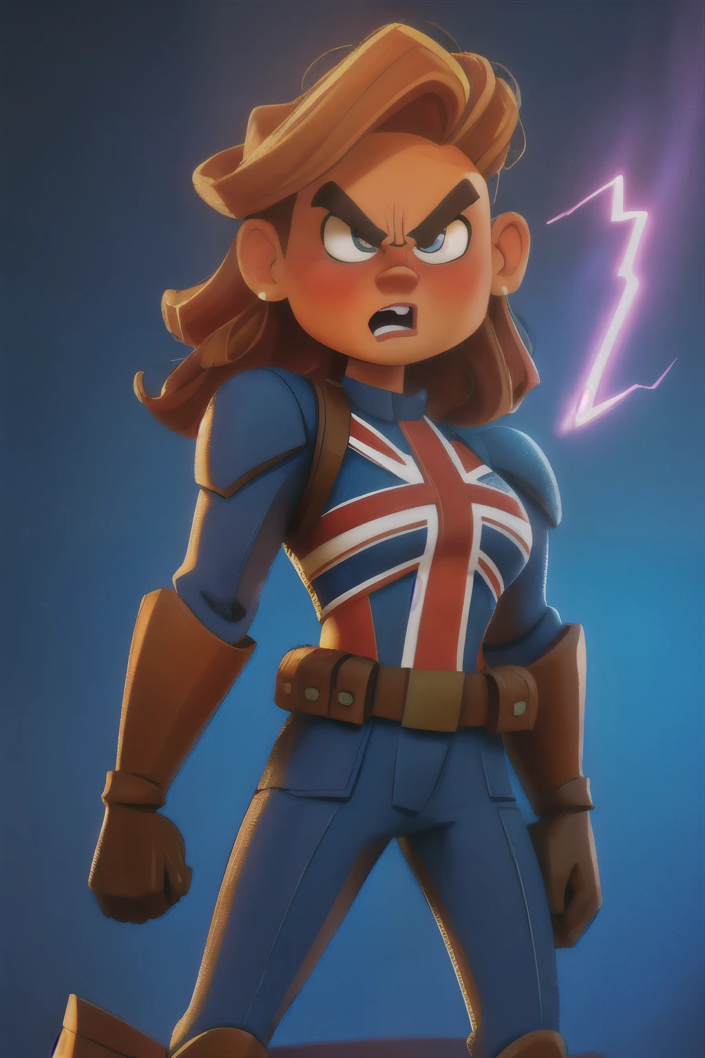 Captain Carter in her iconic Union Jack suit, standing heroically on a battlefield, red and blue shield on arm, glowing with energy. Hyper realistic super detailed capitain Carter, Very detailed, (hyper realistic: 1.4), (in dynamic fight pose, angry face)). (((war jet background))). natural light, 35mm photograph, film, professional, 4k, highly detailed, Golden hour lighting. Depth of field F2. Rule of Thirds Composition.
