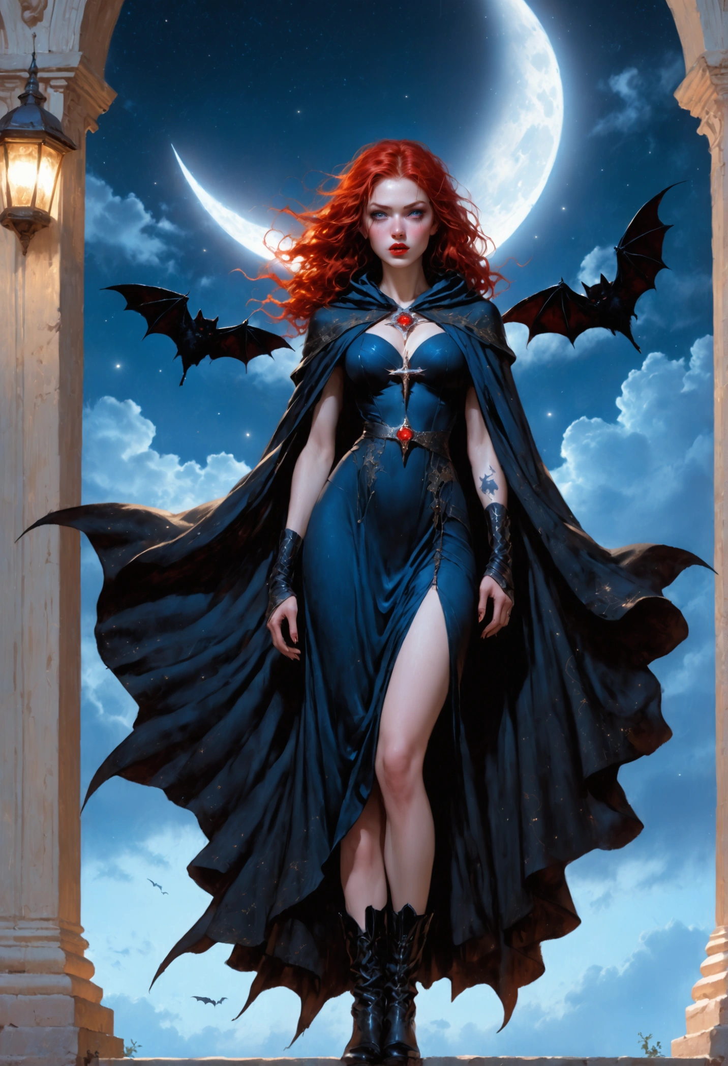 a photo of an exquisite and beautiful vampire nun standing under the starry sky on the porch of her monastery, an ultra-woman stands with a full-length body, (pale skin: 1,3), red hair, wavy hair, dynamic eye color, cold eyes, bright eyes, piercing gaze, dark red lips, ((fangs: 1,1)), grueling, grueling (blue mantle: 1.3), long mantle, fluttering cloak, grueling (high-heeled boots: 1.3), against the background of the starry sky, the moon, flying bats, a sequence of images of something or someone in motion, high detail, the best quality, 16k, ((Overdetalization: 1.5)), Masterpiece, best quality, portrait, photorealism, dark fantasy, Gothic art, many stars, a sense of horror, Magnificent runes, Rojo, Dark romance