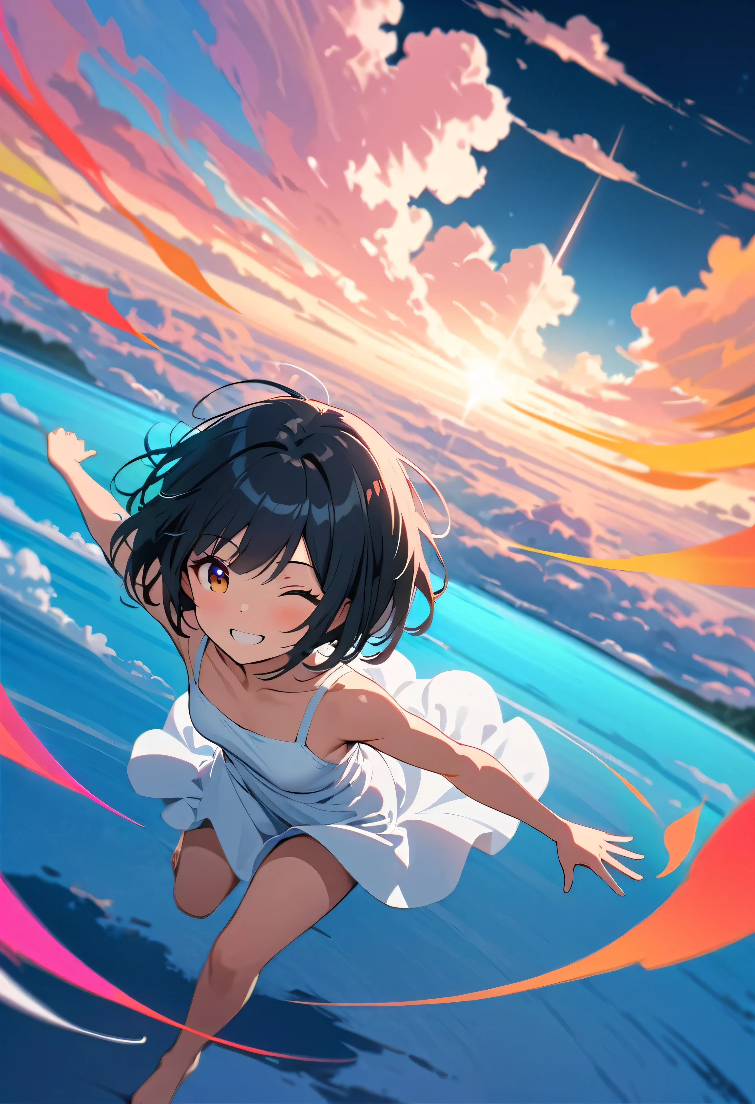 Highest quality, Very detailed, up to date, Vibrant, masterpiece, Highest quality, Best aesthetics, Floating in the sky, on the clouds, Pastel clouds, fly in the sky, Blurred Background, Above, One woman, Black Hair, bob cut, face up shot, smile, big smile, Get excited, flat chested, short stature, very young, barefoot, ((White Dress)), Dynamic Angle, dynamic, Floating, Dynamic pose, The wind is blowing, Vivid light, Colorful Scenes, momentum, anime style