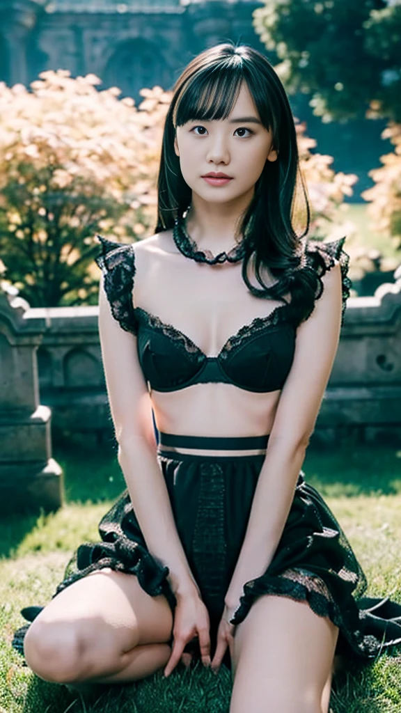 nsfw,(Highest quality, Very detailed, masterpiece:1.2), 1 female, Very thin body, length, Thin legs, ((Black wavy short hair:1.2)), ((Thick and fluffy bangs)), Very detailedな顔,A faint smile, small, Thin Nose, small thin mouth, Extremely sharply focused eyes, Japanese, Beautiful Face, Realistic eyes, Beautiful and beautiful eyes, Realistic Skin, Beautiful Skin, charm, (Lively Faces), Beautiful Hairstyles,((Victorian Style ),(Strapless cropped tops:1.5), (Strapless:1.5), (Underbust:1.4), (Bare shoulders:1.5),(Fluorescent bikini pants), Gothic design, Creepy and unique hairstyles, High resolution, Vibrant color palette, Mysterious and mysterious tree々In the woods of, Amazing place, Tim Burton's signature dark shadows and strange details, Shooting from below,background, One leg on the tree