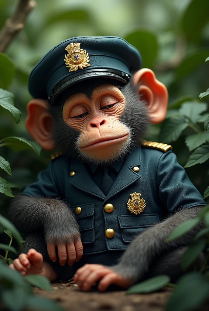 small cute monkey, animal, serious face, military uniform, doing exercises, clear background, masterpiece, no-human
