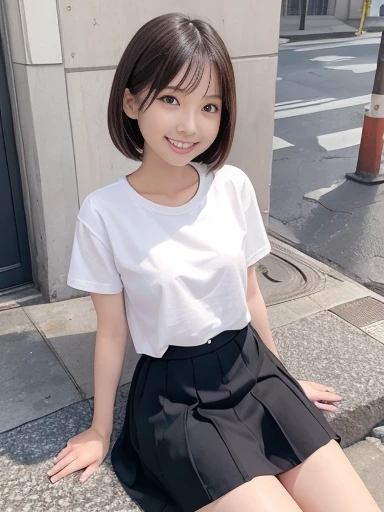 Soft Light, (((Medium Hair:1.3), Short bangs, Floating Hair NovaFrogStyle)), ((ultimate beautiful wife)), 20th Generation, Detailed eyes, (Big eyes:1.3), Lip details, Very detailedな顔, Beautiful and detailed nose, Long eyelashes, ((Big and ample breasts)), Realistic face, Realistic body, Beautiful thighs, (Transparent T-shirt:1.3)、(Blue tight micro mini skirt:1.4)、The chest is wide open、You can see the whole body up to the toes.、stockings、(Sitting cross-legged:1.3), With background：((Cafes in Ginza, Tokyo))、(RAW Photos, highest quality), (Realistic, Photorealistic:1.3), Very detailed, A light smile, Very detailed, High resolution