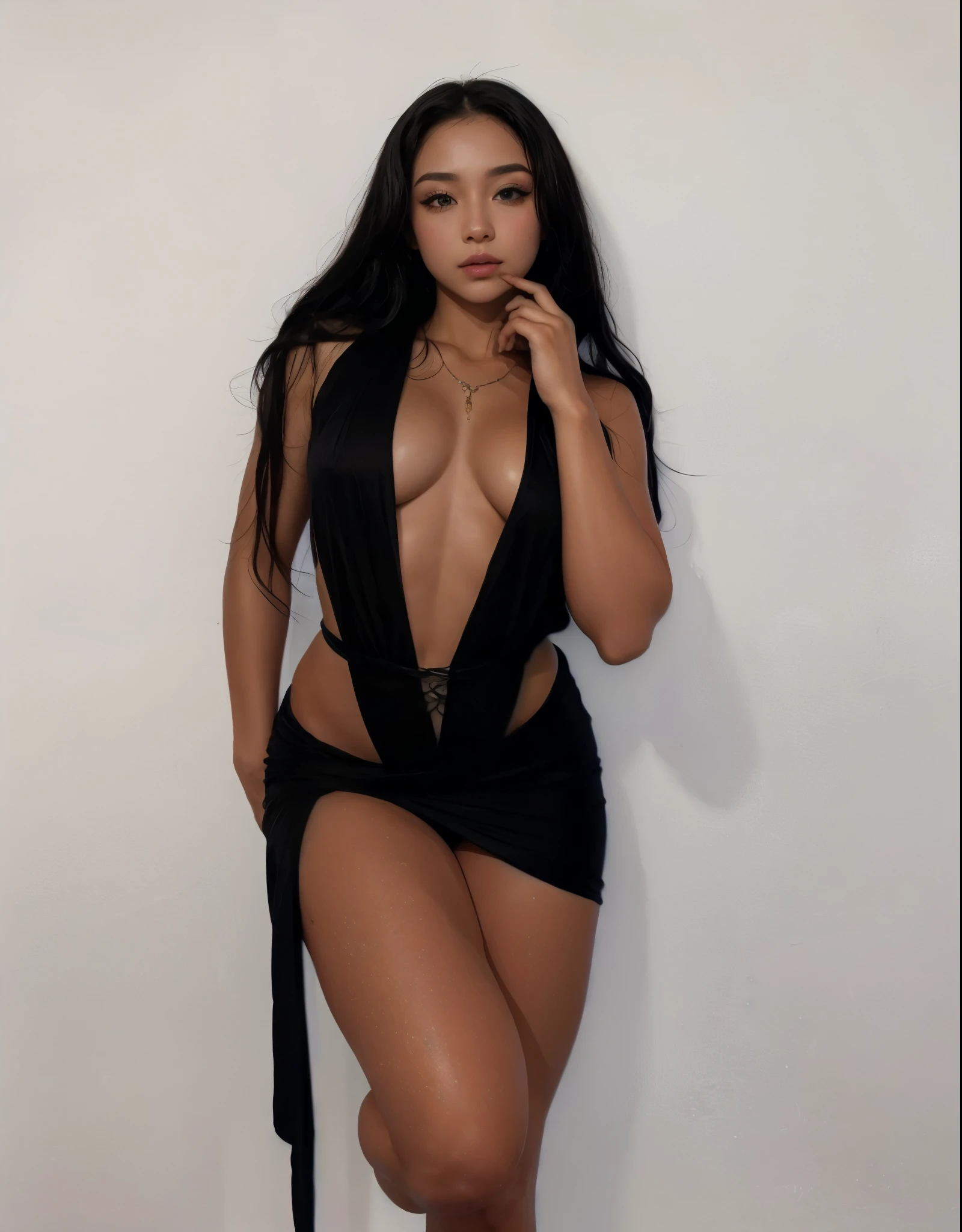 25-year old Mexican-American woman, long wavy black hair in a pony tail, pony tail hair style, big beautiful green eyes, dark eye shadow, dark thick eye brows, left eyebrow piercing, thin nose, nose ring, juicy lips, high cheekbones, wearing earrings, diamond earrings, wearing make up, wearing tight black Scuba Crepe 3/4 Sleeve Split V-Neck Sheath Dress, wearing sexy black high heels, sitting with legs crossed, can see sexy legs, full body shot, super detailed, 8k, intricately maximalist-details, extremely detailed