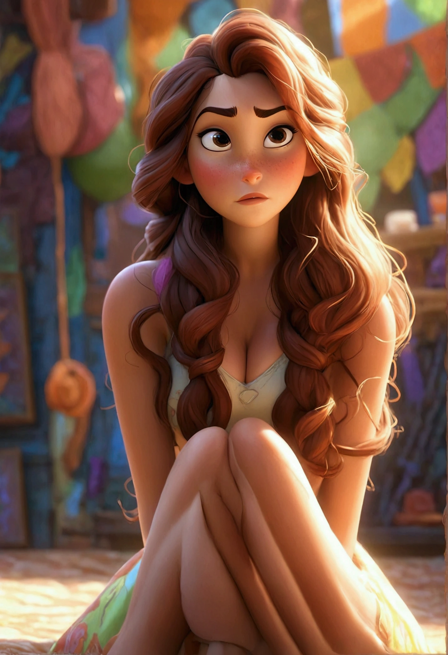 A beautiful young woman with long, curly brown hair, large breasts, sitting with her legs stretched out, 1girl, photorealistic, Pixar style, highly detailed, vibrant colors, soft lighting, intricate details, cinematic composition, elegant pose, masterpiece