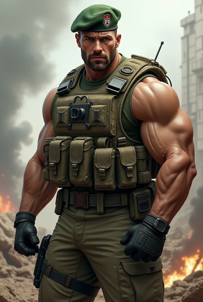 A very handsome big muscular man wearing a soldier combar uniform, with tactical gloves and spec ops green beret, rolled up sleeves, showing biceps, background a battlefield