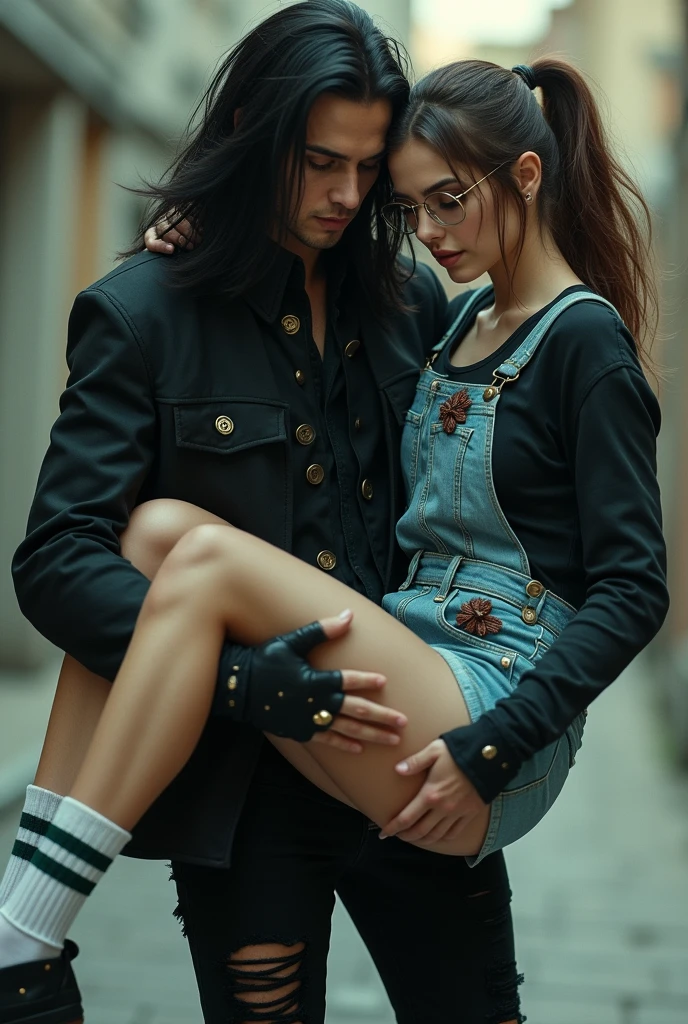 portrait of two people in love, sexy goth jenna ortega and an young redneck man ((posing together)), Jenna has platino 15 denier seamless tights with no panties, they look at the camera, Jenna wears crop top sexy outfit with pantyhose tights, (lovers), different hair color, hdr, sordid atmosphere, cinematic, dimmed colors, dark shot, muted colors, film grainy, lut, insane details, intricate details, hyperdetailed, a sexy Wednesday Addams and her daddy in love with each other, real love, ((passion)), horny, (((age difference))), background street row, mini skirt, lingerie
