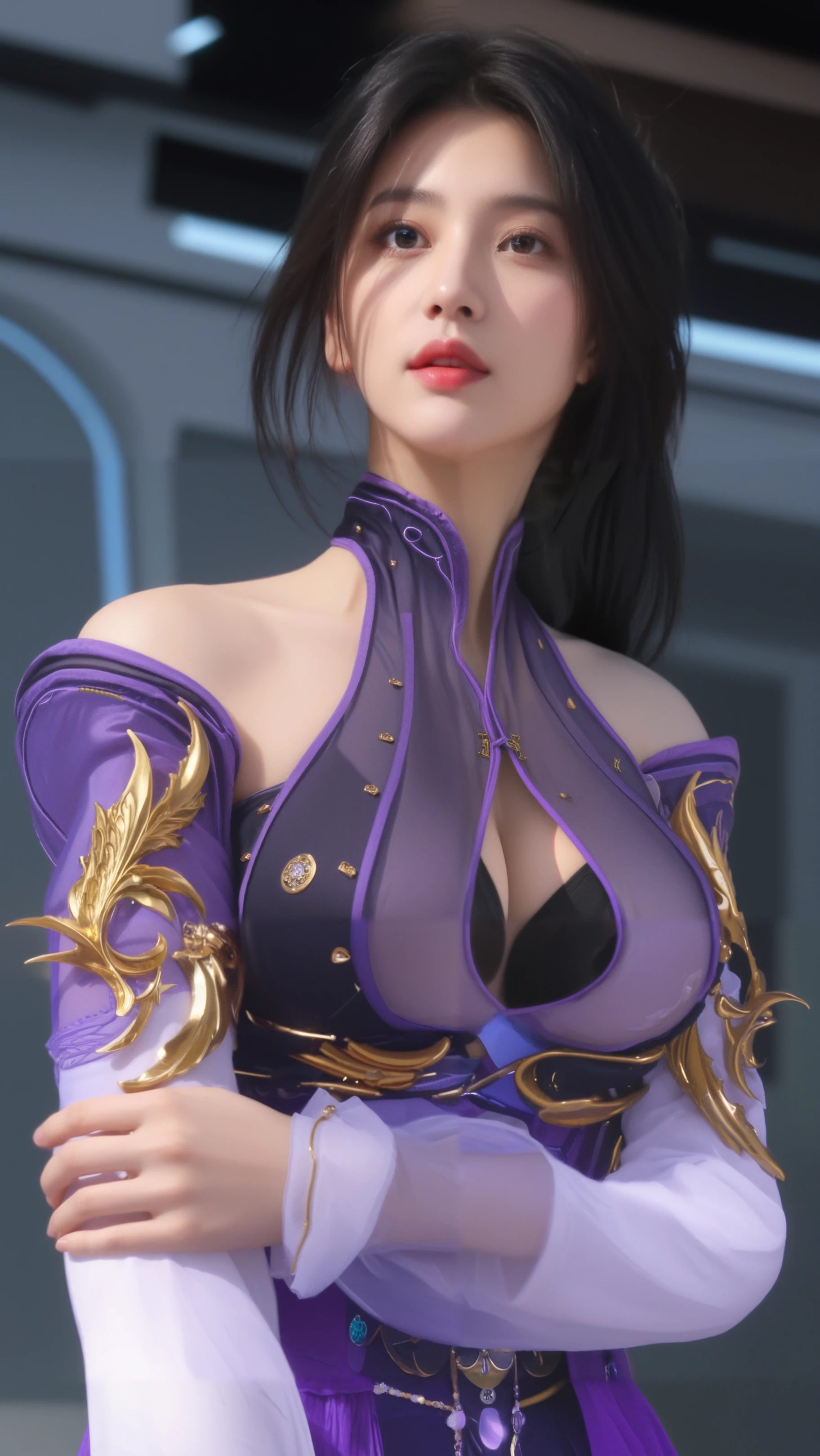 (masterpiece:1.3), (8k, photorealistic, RAW photo, best quality: 1.4), (1girl), beautiful face, (realistic face), (black hair, short hair:1.3), beautiful hairstyle, long blue-pink gradient hair, realistic dark blue eyes, beautiful detailed eyes, (realistic skin), Beautiful skin, (V-neck sweater), ridiculous, attractive, super high resolution, super realistic, very detailed, golden ratio. Sexy, big tits, big tits, low cut