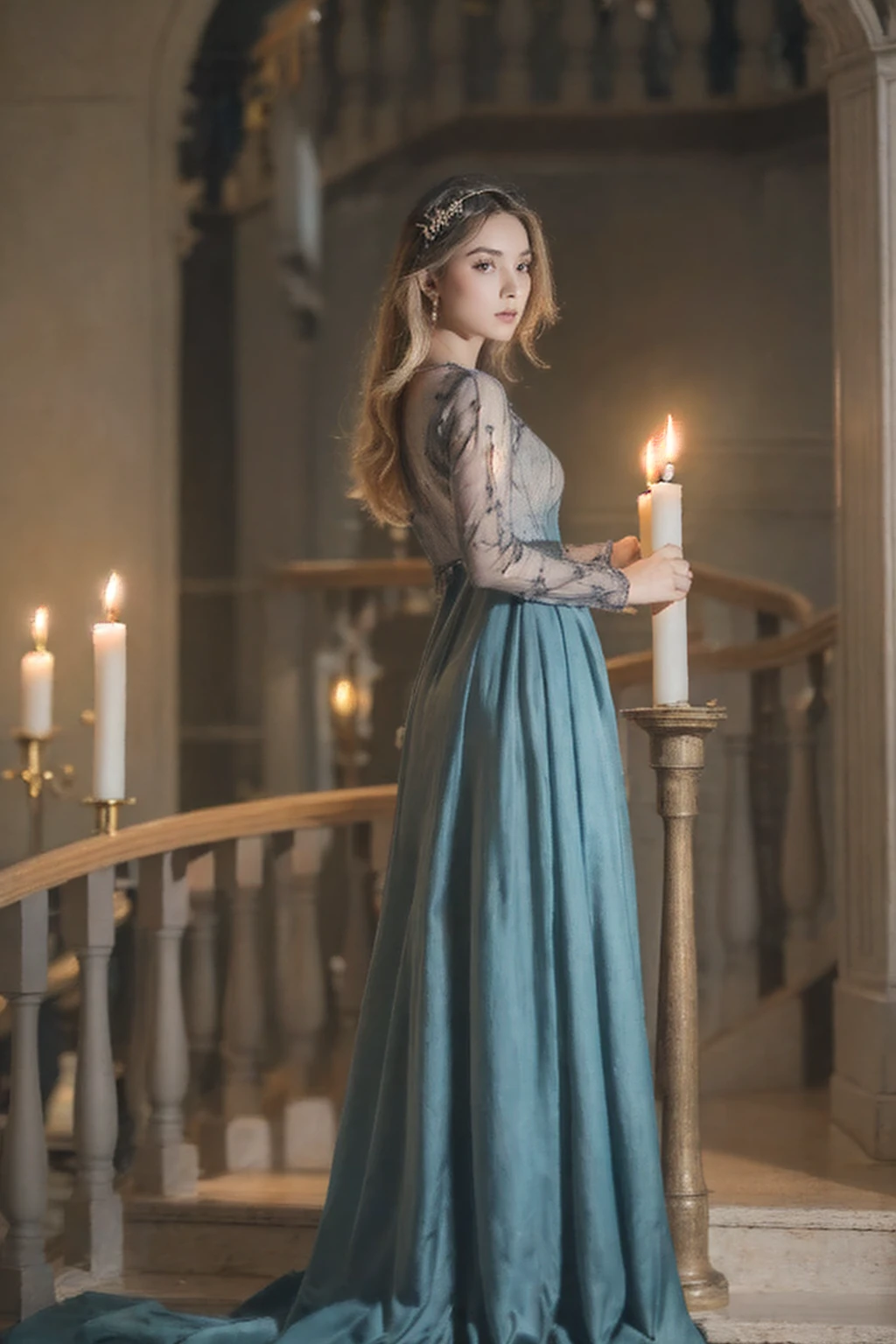 (masterpiece, best quality:1.2, 8k RAW photo, full body photograph), (one girl, solo),(natural soft lighting, photorealistic, high detailed photo, realistic skin texture), standing on the stair, in a medieval dark castle, mystic atmosphere, candle lights, midnight, medieval gown, crowded masquerade