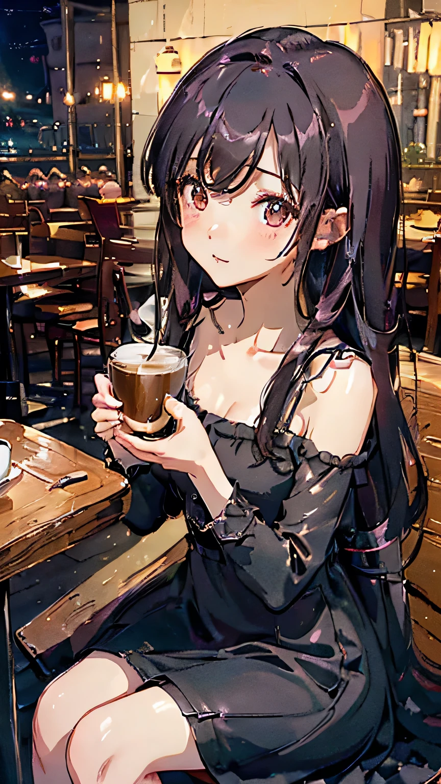 (((masterpiece))) ((( background : im crowd : night light : in cafe : night : high quality : detail ))) ((( character : Rvyolein : fit body : small breast : smooth long pinky black hair with bang : wearing cute dress : drinking coffee : sitting gracefully)