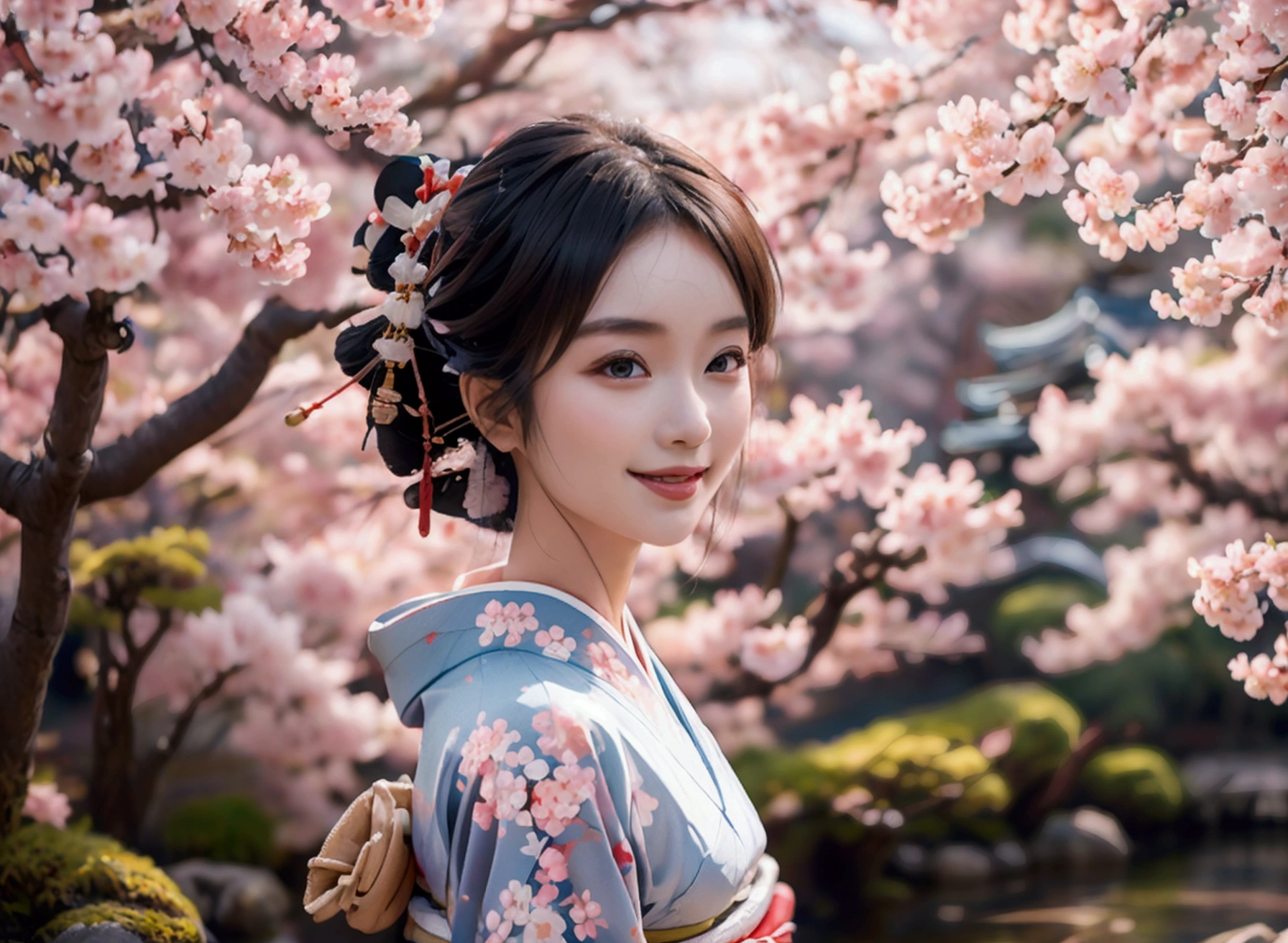 high quality　masterpiece　Super Resolution　One Woman　(kimono) (Japanese)　sakura　Flower pattern kimono　Standing in a Japanese garden　Cherry blossoms in the background　Fluttering petals　smile