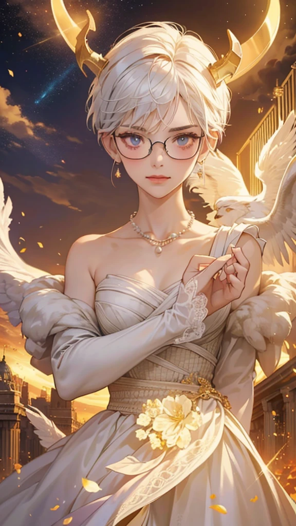 8k, masterpiece, best quality, highly detailed, 1 girl, tiefling, warlock, pixie cut, multicolored hair, very short straight hair red highlight hair on white hair, strippled hair, wearing glasses, round glasses, earrings, red eyeshadow, long eyelashes, blushed cheek, red lips, pearl necklace, rings, collarbone, mole on face, glamorous, white and gold clothes, sleeveless, laced dress, smirk, close up view, rings, looking at viewer, demon horns, solo, starry sky, radiant gold moon, standing, golden halo, white lace gloves, heavenly scene, halo, holy palace in background.