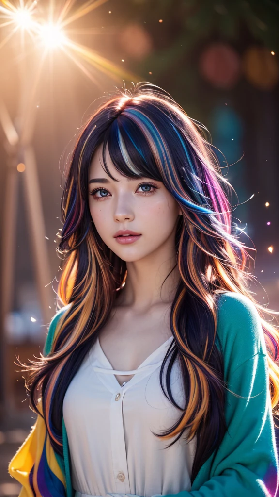 {{masterpiece}}, highest quality, Highly detailed CG Unity 8K wallpaper, cinematic lighting, Lens flare, beautiful detailed eyes, black, side line, multi-colored hair, colorful light, particle, heterochromia, (colorful:1.5), (colorful hair:1.5),
