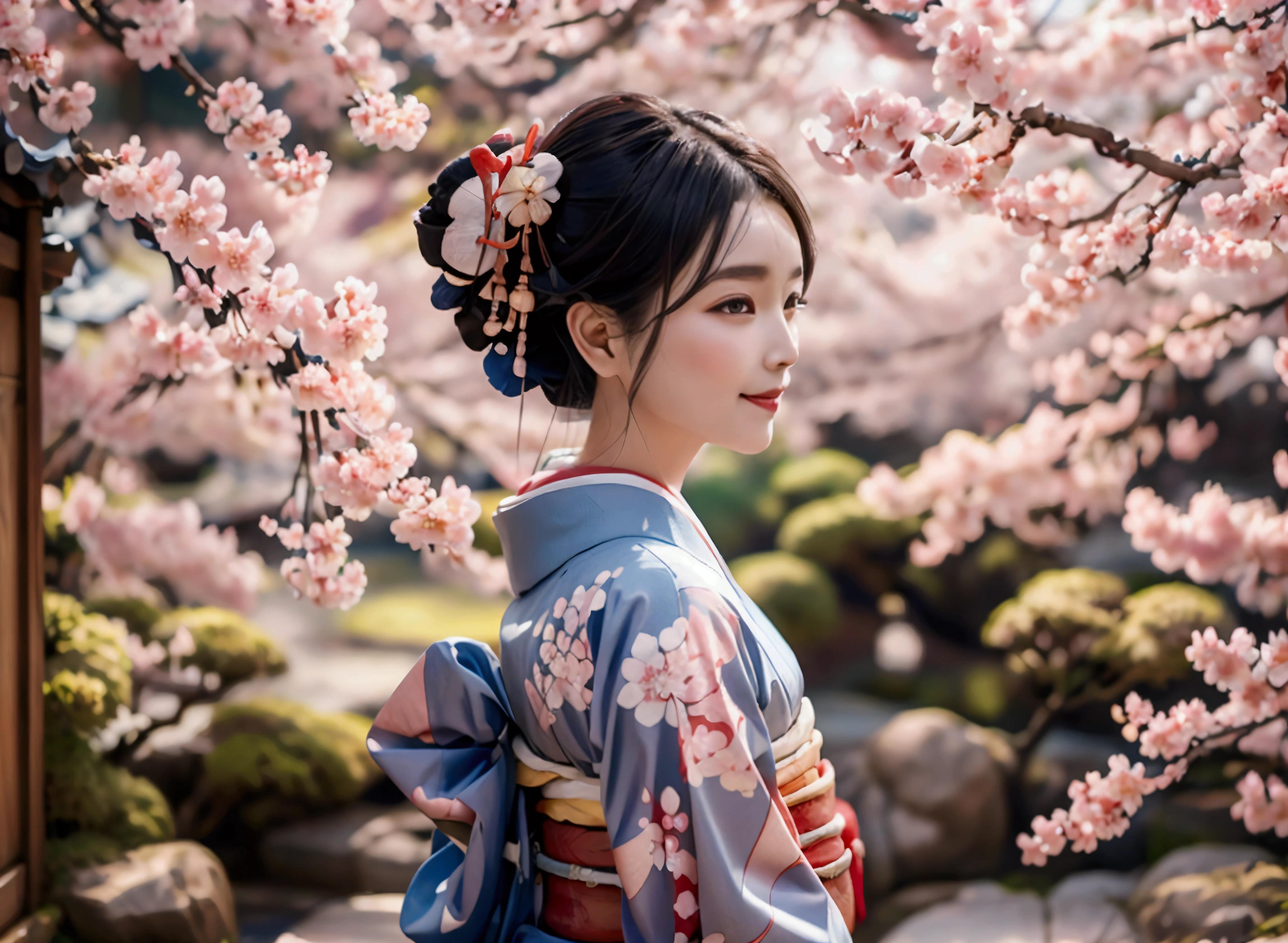 high quality　masterpiece　Super Resolution　One Woman　(kimono) (Japanese)　sakura　Flower pattern kimono　Standing in a Japanese garden　Cherry blossoms in the background　Fluttering petals　smile