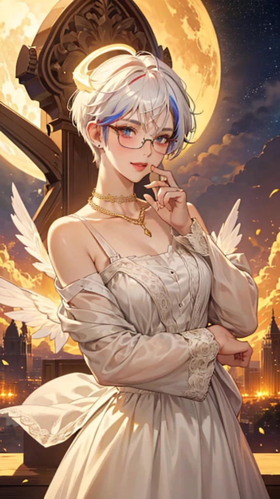 8k, masterpiece, best quality, highly detailed, 1 girl, tiefling, warlock, pixie cut, multicolored hair, very short straight hair red highlight hair on white hair, strippled hair, wearing glasses, round glasses, earrings, red eyeshadow, long eyelashes, blushed cheek, red lips, pearl necklace, rings, collarbone, mole on face, glamorous, white and gold clothes, sleeveless, laced dress, smirk, close up view, rings, looking at viewer, demon horns, solo, starry sky, radiant gold moon, standing, golden halo, white lace gloves, heavenly scene, halo, holy palace in background.