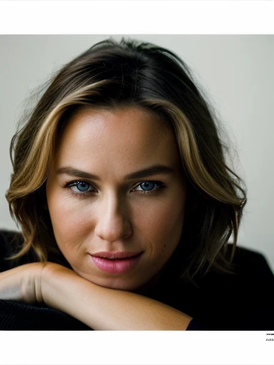 Realistic photo of a beautiful n40m1w-v1 woman,  1girl, solo, long hair, looking at viewer, blue eyes, (((blonde hair))), simple background, white background, parted lips, teeth, lips, crossed arms, portrait, close-up, realistic, soft lighting, professional Photography, Photorealistic, detailed, RAW, analog, sharp focus, 8k, HD, DSLR, high quality, Fujifilm XT3, film grain, award winning, masterpiece