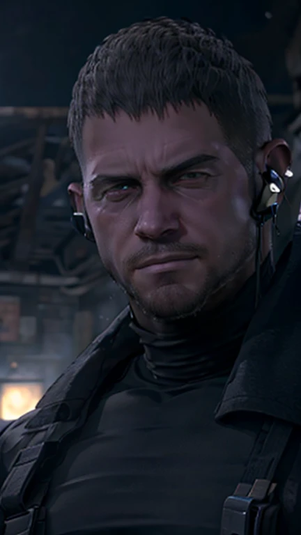 Dark gothic village in the background, old Chris Redfield from Resident Evil 8, 48, muscular male, tall and hunk, black cold turtleneck, straps, earpiece, beard, rugged face, little smirk, video games style, high resolution:1.2, best quality, masterpiece, dark nightime, daylight, volumetric lighting, shading, straight portrait, face close up, looking at viewer