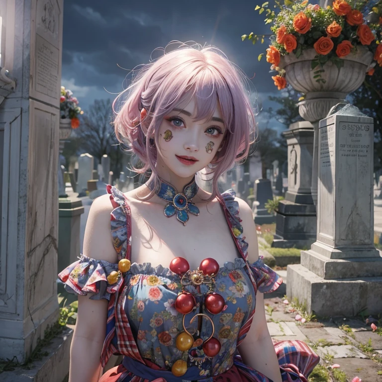 Standing in the grave、Hair flow、 ((highest quality、masterpiece、8k、Best image quality、Ultra-high resolution、Award-winning works)、(Accurate anatomy:1.1)、(Look at me and smile:1.1)、Shining fair skin with Ultra-high resolution、The most detailed face、Ultra-high resolution detailed face、Ultra-high resolutionの髪の毛、(Ultra-high resolution eye:1.1)、Beautiful face drawn in every detail、Cheerful clown costume, Chest to chest, Strange atmosphere, Ghosts flow, Dark Light, At the cemetery, Heavy makeup