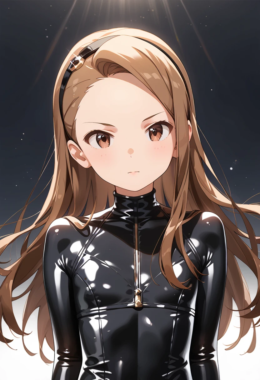 mnsior, petite, longhair, brown hair, forehead, brown eyes, hairband, ***,flat chest,score_9, score_8_up, score_7_up, source_anime,,looking viewer,,(black latex bodysuits,shiny body)