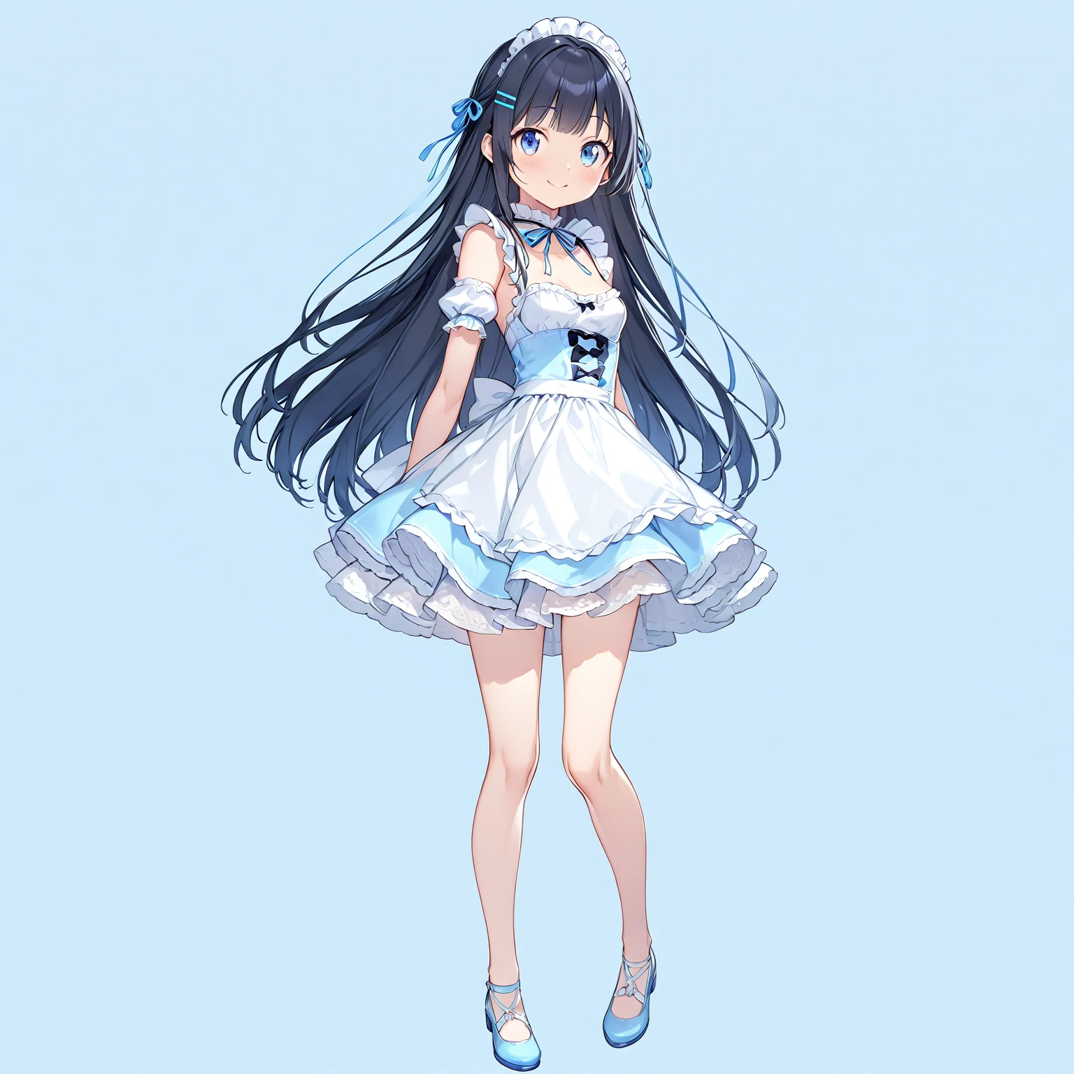 (Full Body Shot:1.5), (Standing), 
(Masterpiece 1.3), (Highest quality), (High resolution), (Very detailed), (Best illustrations), Best Shadow, (so beautiful:0.9), (Very cute), 

(AyaseAragaki),  girl, 
Black Hair, Long Hair, amount, Hair Clip, Blue eyes, 
smile, Shyness, Pitiful, 
Small breasts, Round Breasts, Iris, round face, Beautiful lip detail, 

Perfect limbs, Perfect Anatomy, Thin legs, Five perfect fingers, Big eyes, Iris, (Slender), Tight waist, 
Delicate and smooth skin, Beautiful Skin, Textured skin, Attractive body, 
smile, 恥ずかしそうなsmile, 

Erotic, 
White maid outfit, Short skirt, ribbon, 
Blue striped underwear, White frilly underwear, 小さいribbonが付いてる下着,

(Light blue background:2.2), (Light blue studio), 

Bright colors, Delicate fabrics, Attention to detail, Beautiful consideration, 
(from the front),