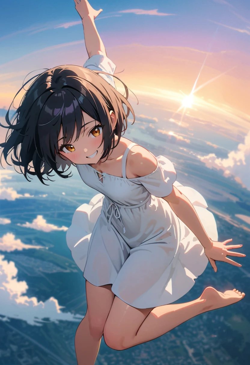 Highest quality, Very detailed, up to date, Vibrant, masterpiece, Highest quality, Best aesthetics, Floating in the sky, on the clouds, Pastel clouds, fly in the sky, Blurred Background, Above, One woman, Black Hair, bob cut, face up shot, smile, big smile, Get excited, flat chested, short stature, very young, barefoot, ((White Dress)), Dynamic Angle, dynamic, Floating, Dynamic pose, The wind is blowing, Vivid light, Colorful Scenes, momentum, anime style