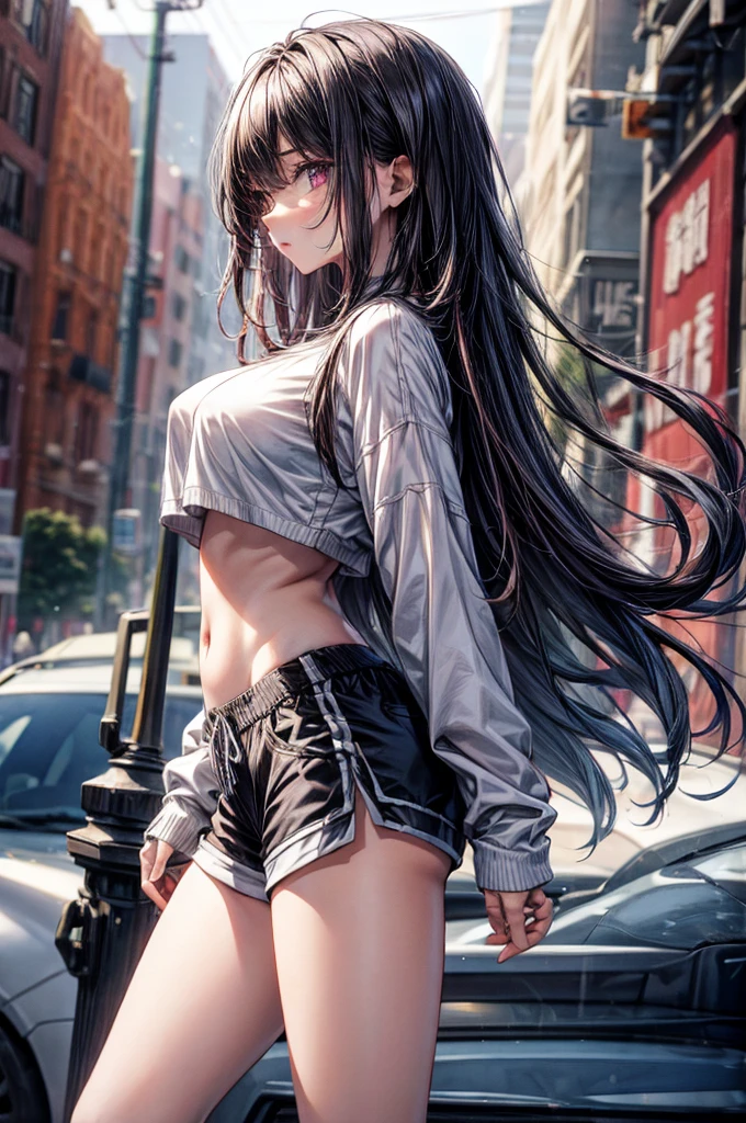 (((Perfect body,White and tender skin,(((black dress, pinafore dress, sleeveless dress, white shirt, black ribbon, neck ribbon, long sleeves, black choker,))),(((Kobeni Higashiyama, black hair, hair ornament, hairclip, ponytail, short hair, (brown eyes:1.5),))),((masterpiece)),highres,((Best quality at best)),masterpiece,quality,Best quality,((( Exquisite facial features,Looking at the audience,There is light in the eyes,(((frown,Wronged))),Look up))),(((Light and shadow,Huge breasts,))),(((Looking at the camera,White background))))