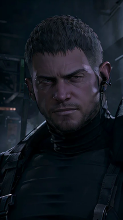 Dark gothic village in the background, old Chris Redfield from Resident Evil 8, 48, muscular male, tall and hunk, black cold turtleneck, straps, earpiece, beard, rugged face, little smirk, video games style, high resolution:1.2, best quality, masterpiece, dark nightime, daylight, volumetric lighting, shading, straight portrait, face close up, looking at viewer