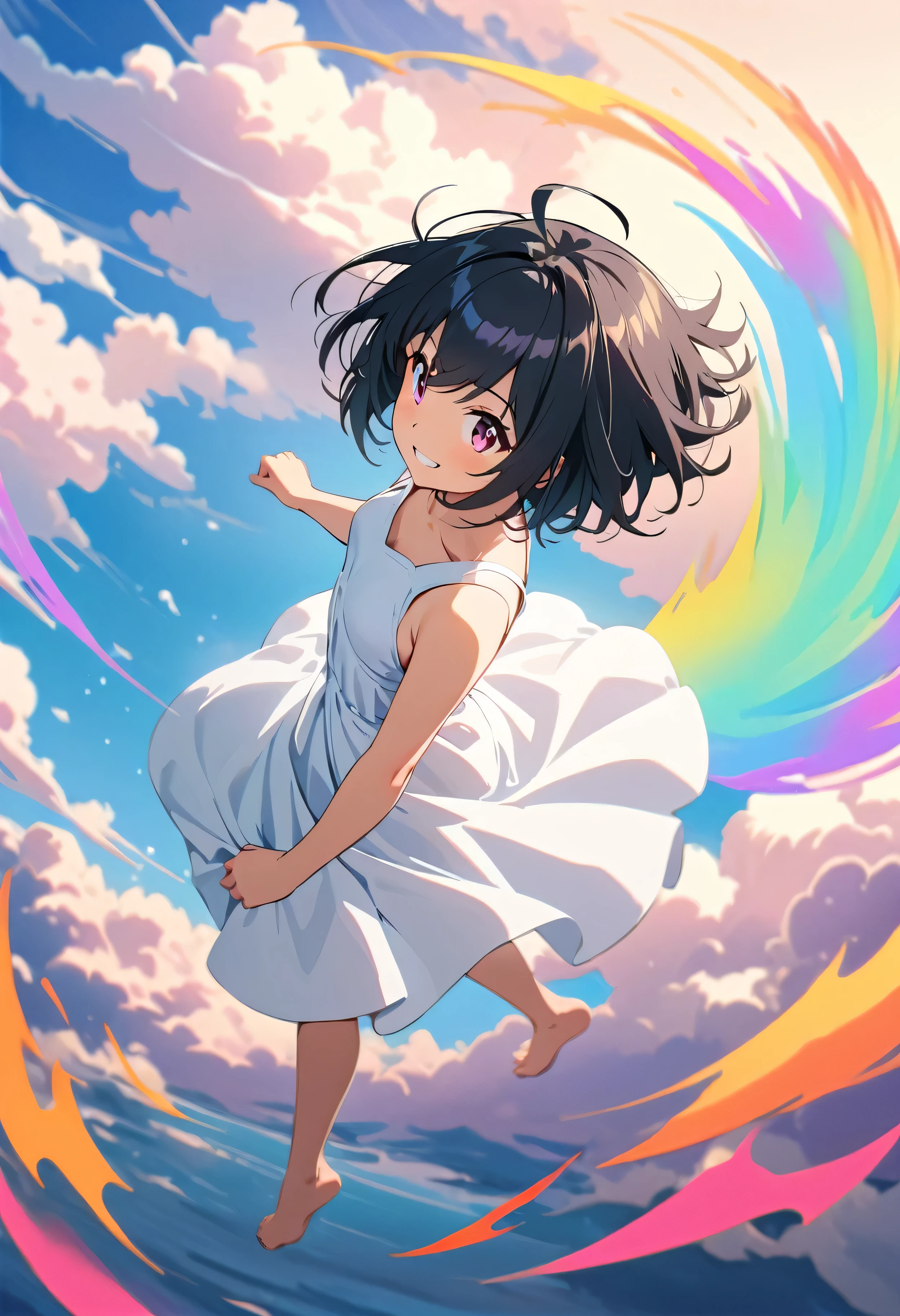 Highest quality, Very detailed, up to date, Vibrant, masterpiece, Highest quality, Best aesthetics, Floating in the sky, on the clouds, Pastel clouds, fly in the sky, Blurred Background, Above, One woman, Black Hair, bob cut, face up shot, smile, big smile, Get excited, flat chested, short stature, very young, barefoot, ((White Dress)), Dynamic Angle, dynamic, Floating, Dynamic pose, The wind is blowing, Vivid light, Colorful Scenes, momentum, anime style