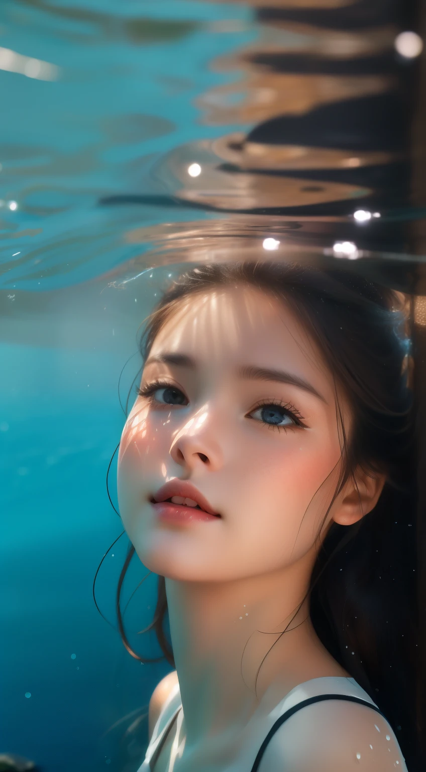 (RAW photos, best quality), (realistic, realistic:1.2),high quality,  1 girl,delicate face，In the water，Sunlight reflects into the water.，