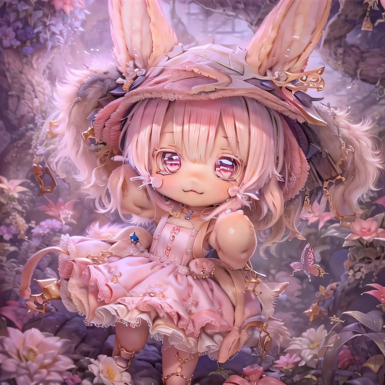 In the garden, smile, Similar to Nanachi from Made in Abyss. She is beautiful, Beautiful eyes and lips.  (((Chibi Style,))) . Image quality is excellent, Highly detailed and realistic features. The medium of this work is、Combining illustration and photorealistic rendering.. The colors are vivid、The lighting creates a warm and bright atmosphere。 whole body(((((Cute pink dress)))))Contrasting cute poses