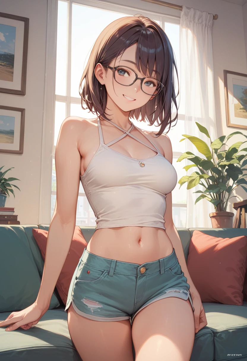 score_9, score_8_up, score_7_up, (Attractive woman), glasses, medium hair, medium breasts, halter tank top, shorts, smile, living room