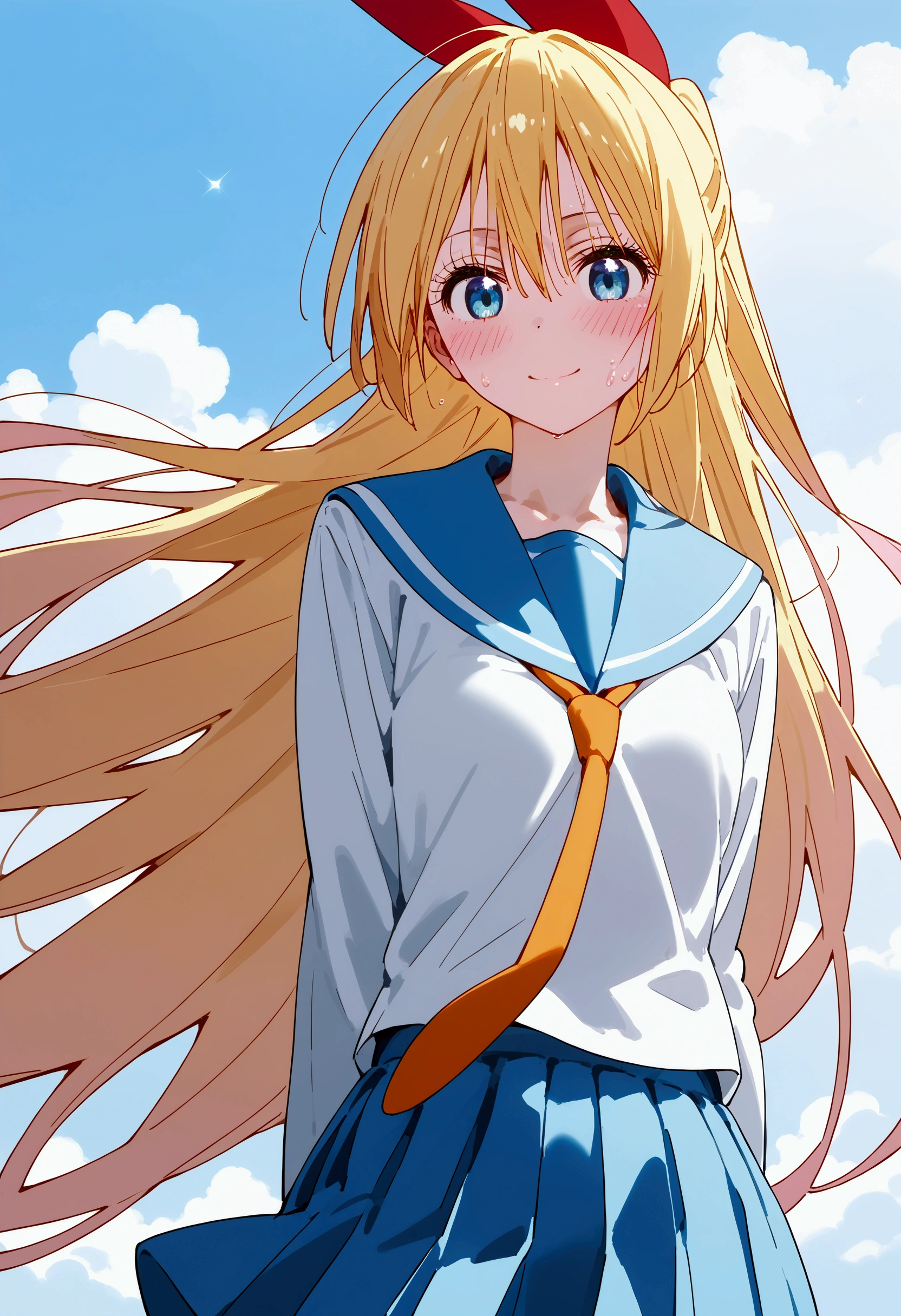 High quality, Ultra detailed, best quality, insanely detailed, beautiful, masterpiece, beautiful line, perfect anatomy, beautiful color, glamor, sweat, masterpiece, best quality, nisekoi, chitoge kirisaki, score_9, score_8_up, score_7_up,high res image,masterpiece,best quality, 1girl, low angle, back shot, embarrassing, blush,  (アニメ face:1.0), [source_アニメ:photo-realistic:0.8], [:photo-realistic background:0.8], (beautiful long eyelashes:1.0), perfect eyelashes, detailed,straight hair, (school uniform:1.4), tanline,  between legs, open vagina, Not realizing that her skirt is flipped up, Smiling and talking to people, lift skirt, (wind:1.2), erotic panty, 
