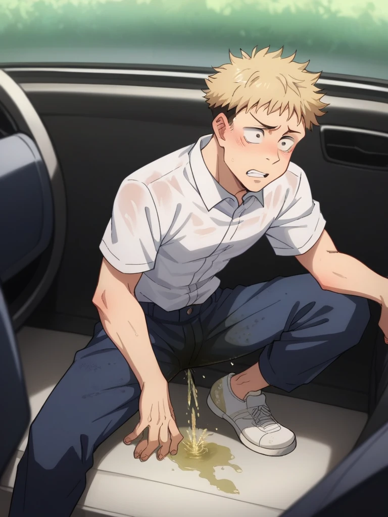 slender and mascular, Yuji Itadori, wearing blue suit pants, white short sleeve shirt. He is peeing himself in his car. He couldn't hold his pee. There is a large pee wet spot on his crotch. Pee stain on his pants. Pee wet spot on his crotch. He is ashamed of peeing himself.