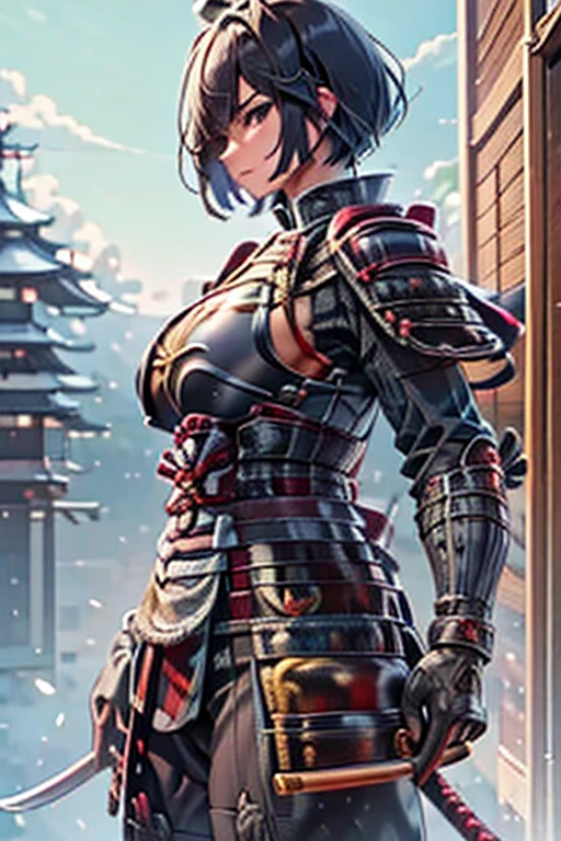 masterpiece,Highest quality,Super high-definition description,Full HD,16K,Super Resolution,Accurate Human Anatomy,Correct human anatomy,serious,A firm expression,((city gate_Japanese style)), Standing,Sword in hand:1.5,Spread your legs,One Woman,Looking into the camera,((Black Hair,Short Bob,Black Eyes))Open your eyes,expensive,Muscular,(((abnormally large breasts))),Long legs,(((Wearing Japanese samurai armor:1.8,Cover the body with armor:1.6,))) 30 years old,Japanese,Cowboy Shot,Dynamic Angle,Serious scene