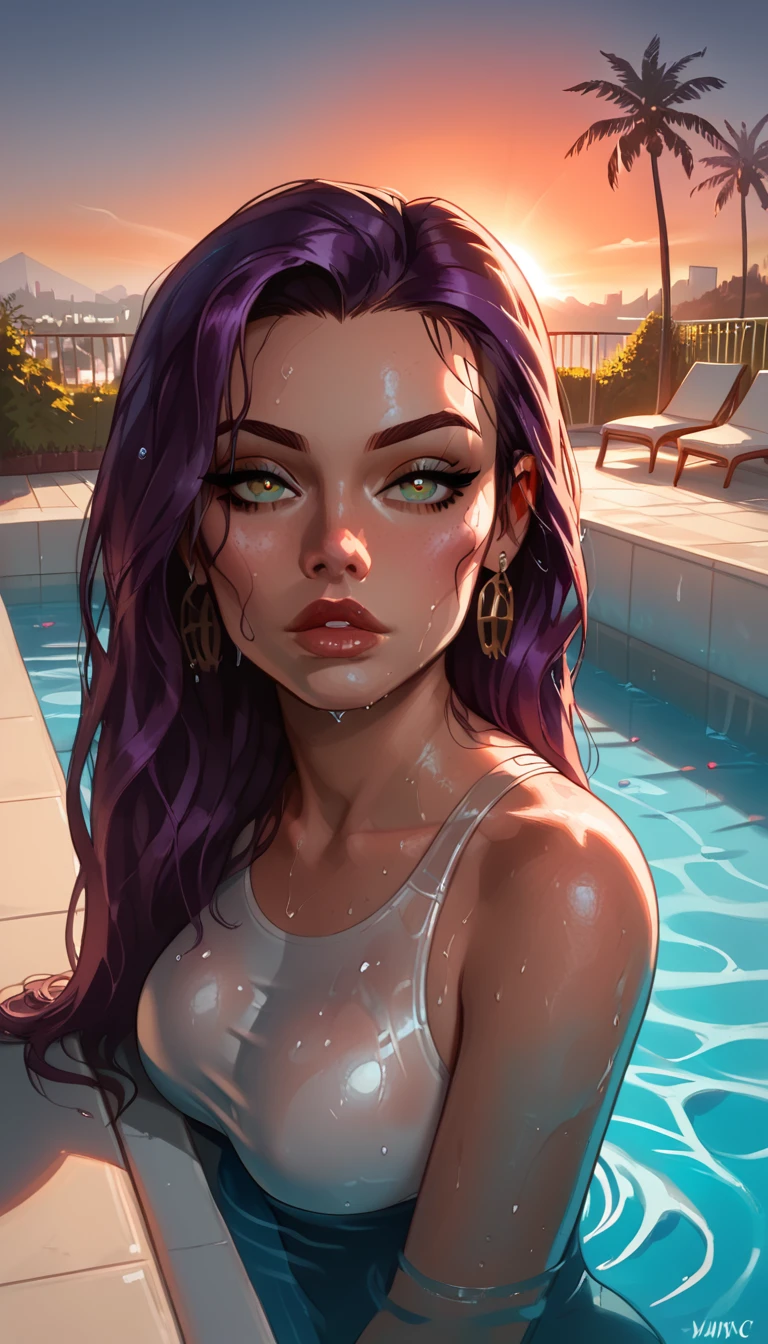 arafed woman with purple hair sitting in a hot tub, 1 goth girl, she looks like a mix of grimes, pale goth beauty, looks like a mix of grimes, resembling a mix of grimes, charli bowater, pale skin and purple eyes, dark purple hair and cybernetics, with tattoos, very beautiful goth top model
