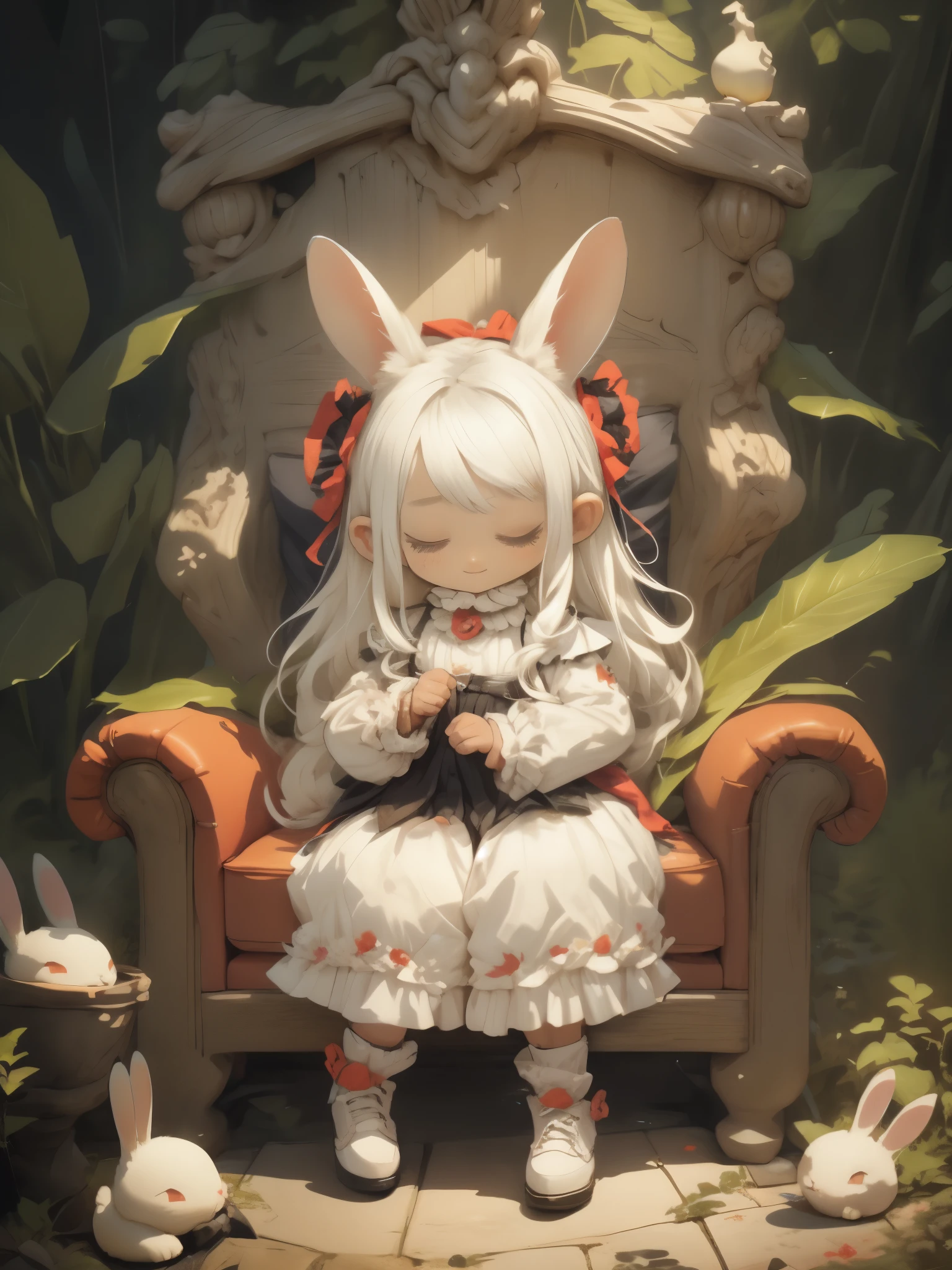 (solo:1.4),1girl\((chibi:1.6),cute, kawaii, small kid,(white hair:1.7),(very long hair:1.7),bangs,(ear\(fluffy white bunny-ear\):1.3), skin color white, big hairbow,(white frilled dress:1.3),breast, lying on the sofa-bed, sleeping, eyes closed, mouth open, dynamic pose\), BREAK ,background\(inside tidy classic room\), BREAK ,quality\(8k,wallpaper of extremely detailed CG unit, ​masterpiece, high resolution, top-quality, top-quality real texture skin, hyper realistic, increase the resolution, RAW photos, best quality, highly detailed, the wallpaper, golden ratio\),dynamic angle