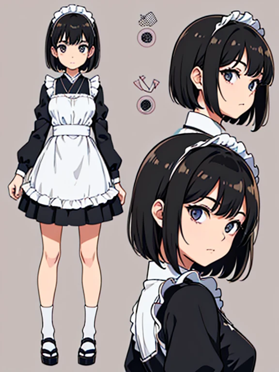 ((Highest quality)), ((masterpiece)), (detailed), ((three view drawing)), ((front and back and side)), ((character sheet)) One girl, ((three views)),Maid clothes,Short Bob,Three white eyes,Simple Background,front,beside,behind,Black Hair,Japanese,Simple hairstyle,Bob Hair,Foxy face,((Character setting diagram)),Asian,Tree Eyes,Duck mouth,whole body,Small breasts,シンプルなMaid clothes,Bad look in the eyes,Concept Art