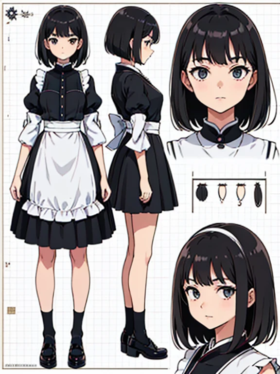 ((Highest quality)), ((masterpiece)), (detailed), ((three view drawing)), ((front and back and side)), ((character sheet)) One girl, ((three views)),Maid clothes,Short Bob,Three white eyes,Simple Background,front,beside,behind,Black Hair,Japanese,Simple hairstyle,Bob Hair,Foxy face,((Character setting diagram)),Asian,Tree Eyes,Duck mouth,whole body,Small breasts,シンプルなMaid clothes,Bad look in the eyes,Concept Art