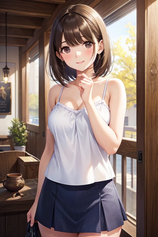 Nene Kasaki々、Shiny brown hair, short hair, Beautiful brown eyes、smile、Sparkling eyes, (fine grain)、Very fine eye、Highly detailed face, Highly detailed eyes,


(masterpiece:1.3, Highest quality, Ultra-high resolution, Super detailed), Cowboy Shot、

 One woman，Short camisole，Shorts、white，art，advertisement，Colored pencil drawing，draft ，Comic Collage