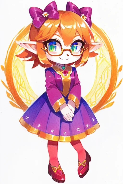 there is a drawing of a girl with a bow and glasses, full color drawing, pixie character, colored drawing, colored sketch, smiling as a queen of fairies, colored pencil on paper, full body portrait of a short!, high quality colored sketch, a color pencil sketch, elf girl wearing an flower suit, official art, inspired by Leiko Ikemura female gold fish sonic style 