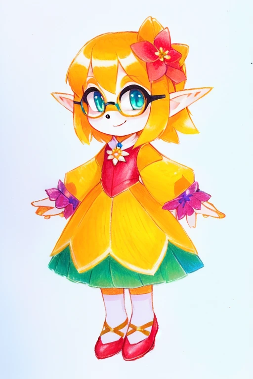 there is a drawing of a girl with a bow and glasses, full color drawing, pixie character, colored drawing, colored sketch, smiling as a queen of fairies, colored pencil on paper, full body portrait of a short!, high quality colored sketch, a color pencil sketch, elf girl wearing an flower suit, official art, inspired by Leiko Ikemura female gold fish sonic style 